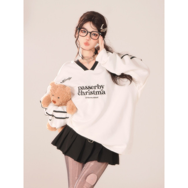 辣妹委員 黑白v領學院風小眾衛衣寬松美式長袖t恤上衣