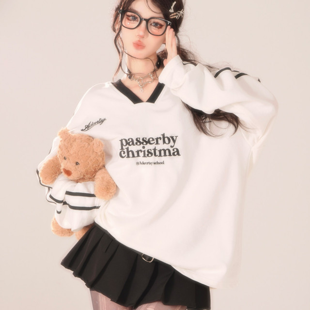 辣妹委員 黑白v領學院風小眾衛衣寬松美式長袖t恤上衣