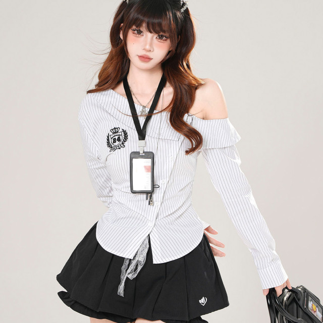  Miu系學姐 美式長袖斜肩條紋襯衫女秋季收腰顯瘦上衣