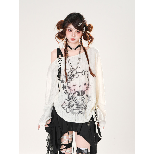  Kitty收藏傢 韓系斜肩抽繩防曬罩衫女夏寬松顯瘦上衣