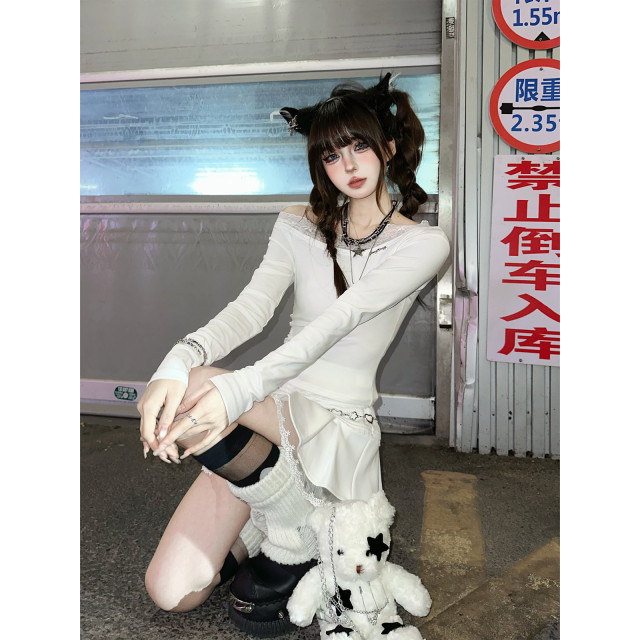 危險遊戲 一字肩辣妹蕾絲拼接T恤女春夏長袖顯瘦上衣