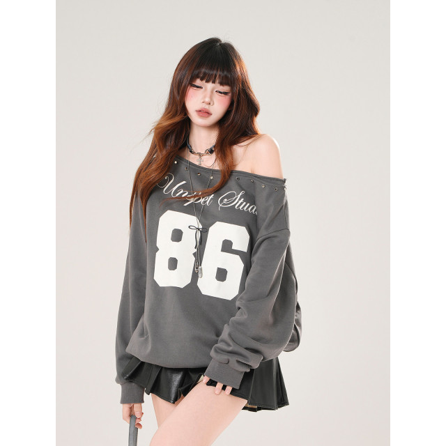 塞納日落 美式潮牌斜肩衛衣女秋寬松顯瘦黑色運動上衣