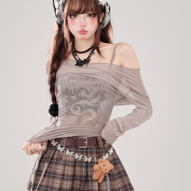 叛逆戀人 黑色冰絲輕薄罩衫女夏一字肩上衣防曬兩件套