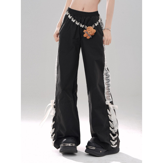 心動蕾絲 灰色百搭設計感學院風休閑直筒拖地運動長褲