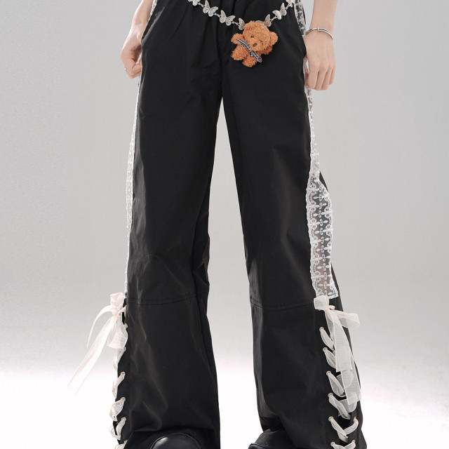 心動蕾絲 灰色百搭設計感學院風休閑直筒拖地運動長褲