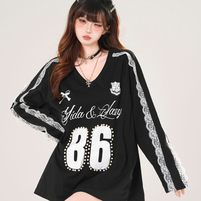 藤井小野 美式潮牌V領蕾絲衛衣女秋季寬松顯瘦運動上衣