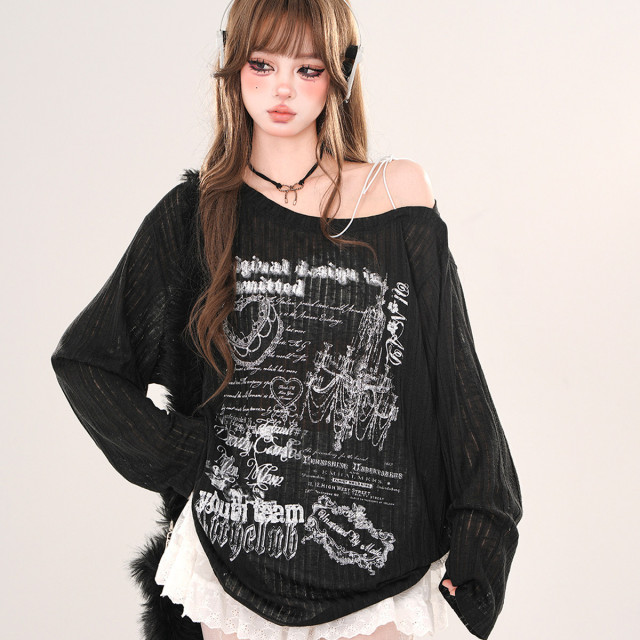 首爾邂逅 美式慵懶微透斜肩T恤女春夏寬松顯瘦露肩上衣