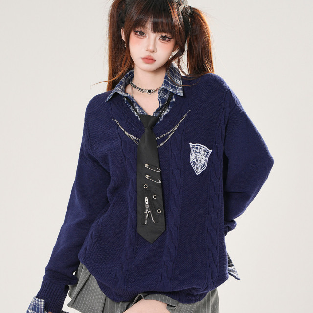 普卡裡島假兩件美式學院風針織毛衣女秋寬松顯瘦上衣