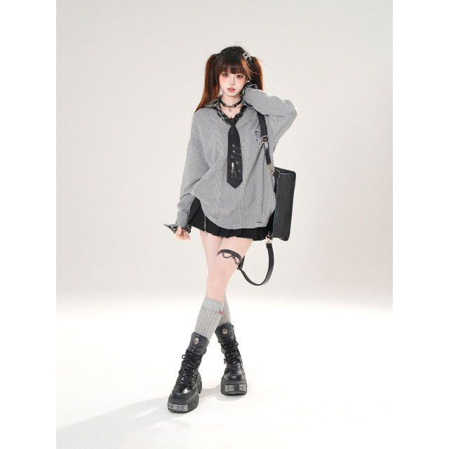 普卡裡島假兩件美式學院風針織毛衣女秋寬松顯瘦上衣