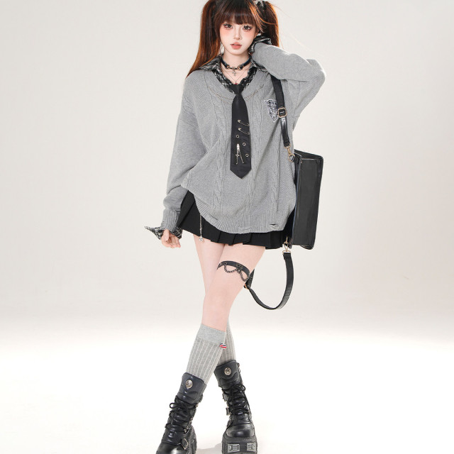 普卡裡島假兩件美式學院風針織毛衣女秋寬松顯瘦上衣