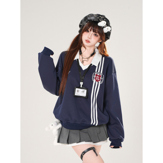 韓女范本 美式學院風衛衣女秋寬松顯瘦polo領運動上衣