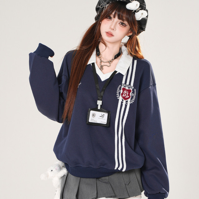 韓女范本 美式學院風衛衣女秋寬松顯瘦polo領運動上衣