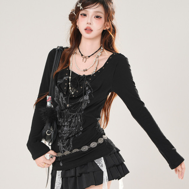 亞感模范生 韓系長袖V領蕾絲辣妹T恤女秋收腰顯瘦上衣