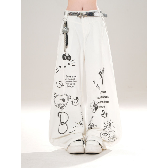 輕氧垂垂褲 美式闊腿褲女秋季寬松顯瘦直筒褲可愛長褲