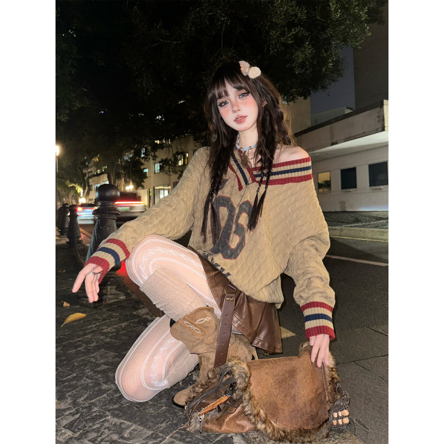 沃茨學院 %美式慵懶露肩毛衣女秋冬寬松V領麻花上衣