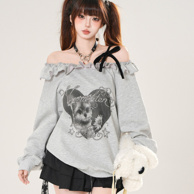 野花小狗 一字肩美式衛衣女秋季寬松顯瘦可愛白色上衣