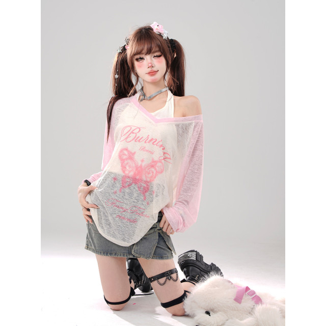 碧波蕩漾 薄荷綠T恤女外穿夏季寬松上衣防曬罩衫兩件套