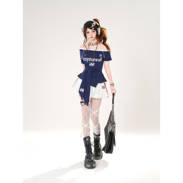 藍嶼日志 正肩美式斜肩短袖T恤女夏季收腰顯瘦辣妹上衣