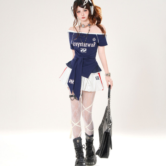 藍嶼日志 正肩美式斜肩短袖T恤女夏季收腰顯瘦辣妹上衣