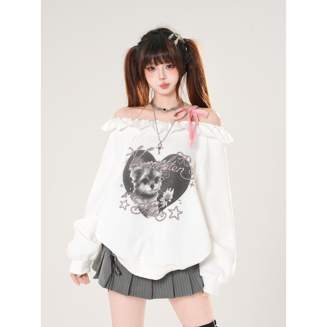 野花小狗 一字肩美式衛衣女秋季寬松顯瘦可愛白色上衣