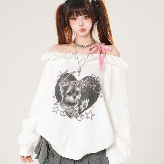 野花小狗 一字肩美式衛衣女秋季寬松顯瘦可愛白色上衣