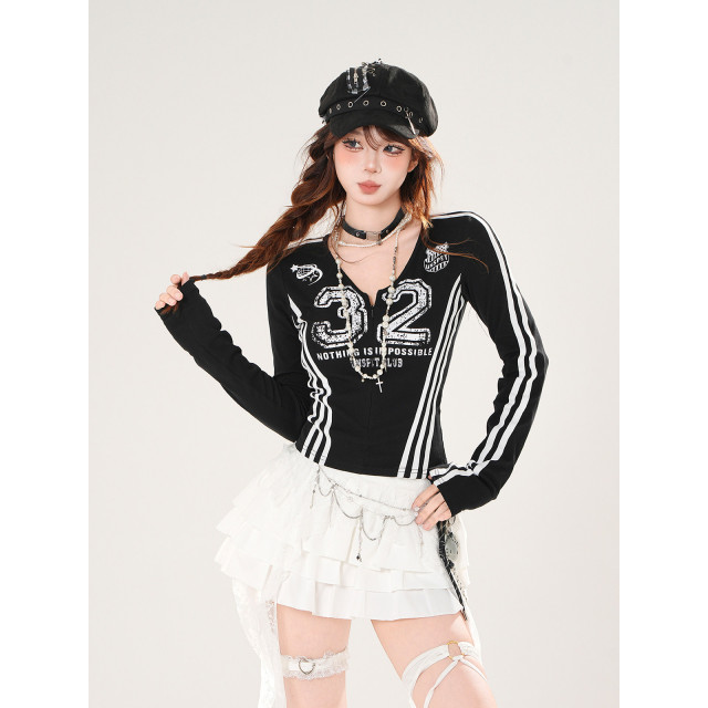 辣妹領域 美式正肩長袖T恤女秋季收腰顯瘦V領紅色上衣