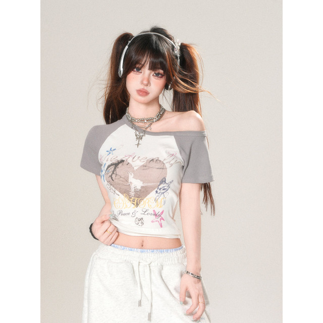 蜜嶼漫語 正肩短袖辣妹T恤女夏收腰顯瘦短款設計感上衣