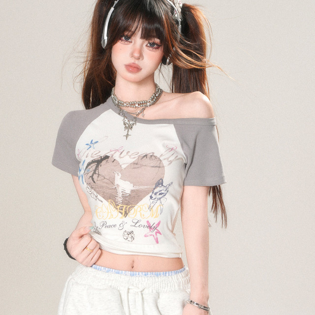 蜜嶼漫語 正肩短袖辣妹T恤女夏收腰顯瘦短款設計感上衣