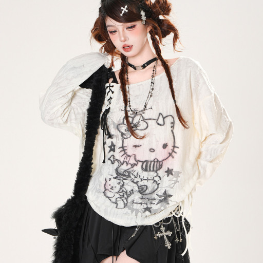  Kitty收藏傢 韓系斜肩抽繩防曬罩衫女夏寬松顯瘦上衣