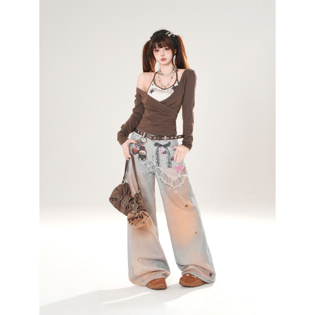 羅曼史詩集 假兩件美式長袖掛脖T恤女秋季顯瘦辣妹上衣