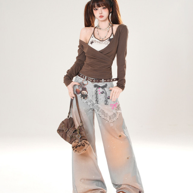 羅曼史詩集 假兩件美式長袖掛脖T恤女秋季顯瘦辣妹上衣