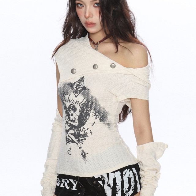 甜酷辣妹y2k斜肩針織T恤女秋季可拆卸袖套兩穿顯瘦上衣潮