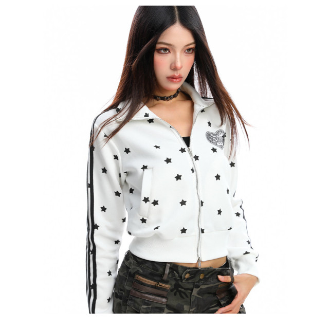 美式燙鉆星星杠條立領衛衣女秋季設計感顯瘦短款拉鏈外套