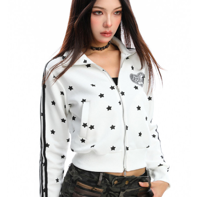 美式燙鉆星星杠條立領衛衣女秋季設計感顯瘦短款拉鏈外套