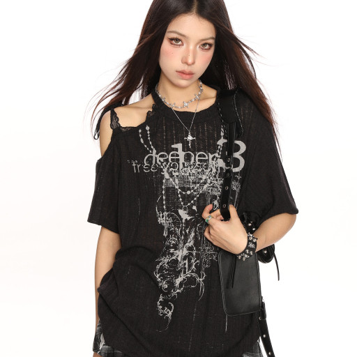 甜酷y2k蕾絲漏肩綁帶短袖T恤女夏季慵懶風寬松顯瘦上衣潮