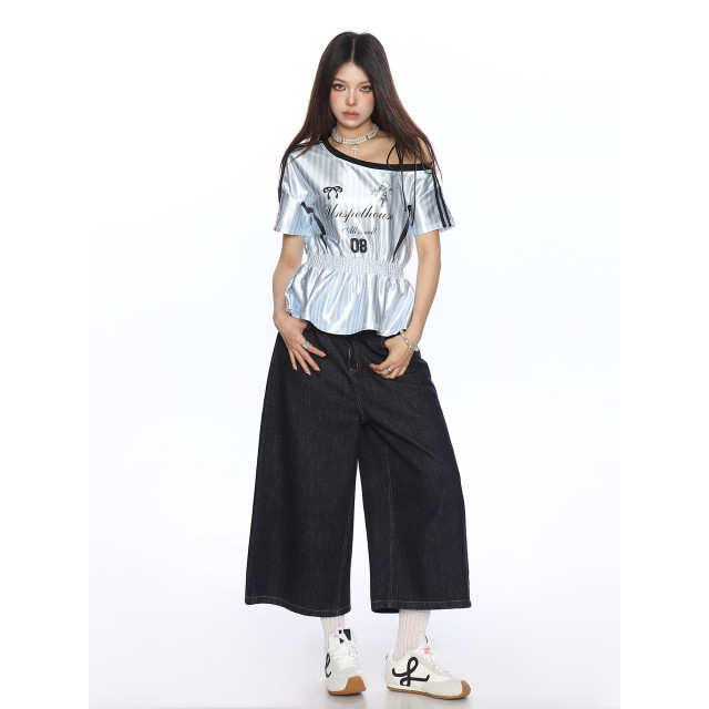 美式條紋收腰斜肩綁帶短袖T恤女夏季辣妹露肩顯瘦球衣上衣