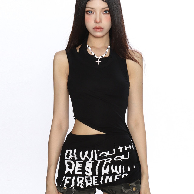 設計感辣妹性感露腰T恤女夏季不規則收腰顯瘦無袖背心上衣