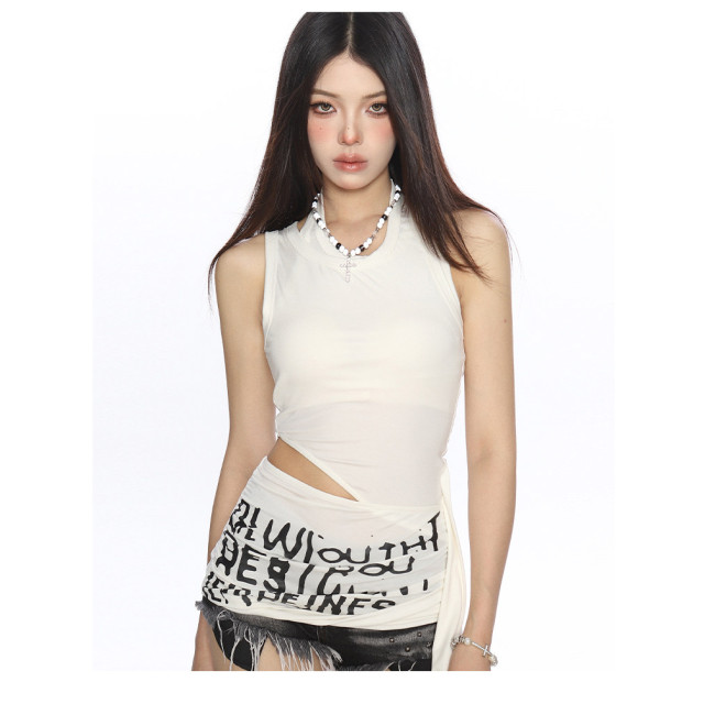 設計感辣妹性感露腰T恤女夏季不規則收腰顯瘦無袖背心上衣