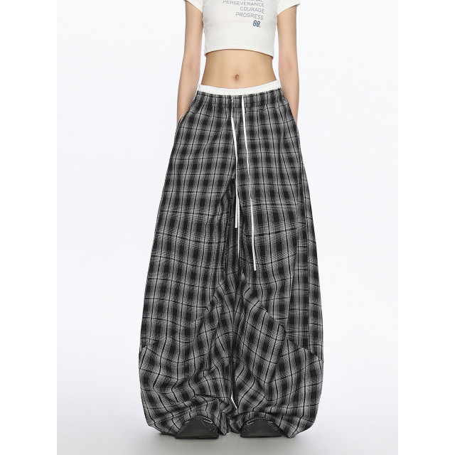 美式爵士舞雙腰頭休閑格子闊腿褲女松弛感直筒拖地長褲潮