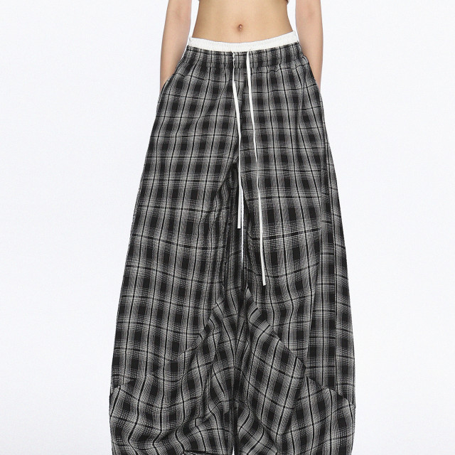 美式爵士舞雙腰頭休閑格子闊腿褲女松弛感直筒拖地長褲潮