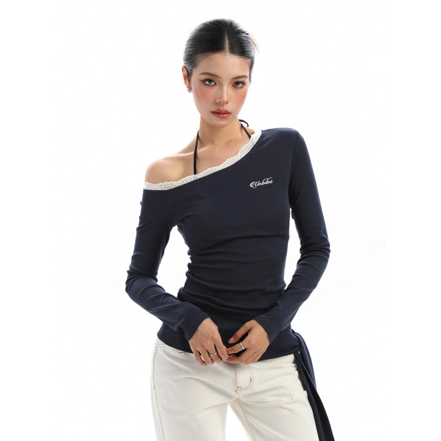 設計感蕾絲邊斜肩長袖T恤女秋季韓系系帶內搭打底衫上衣潮