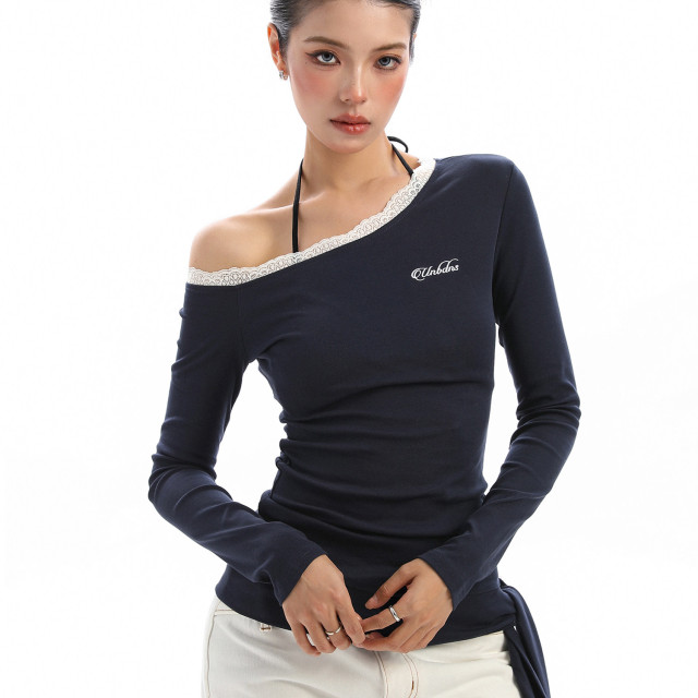 設計感蕾絲邊斜肩長袖T恤女秋季韓系系帶內搭打底衫上衣潮