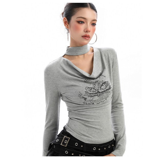 辣妹掛脖蕩領長袖T恤女秋季氣質純欲鏤空顯瘦內搭打底上衣