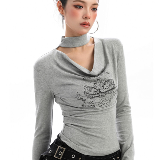 辣妹掛脖蕩領長袖T恤女秋季氣質純欲鏤空顯瘦內搭打底上衣