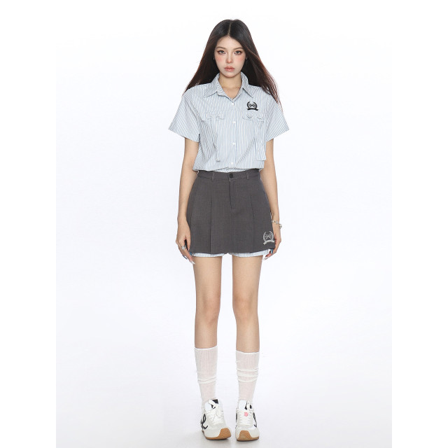 韓系穿搭豎條紋Polo領襯衫套裝女夏季a字顯瘦百褶裙兩件套