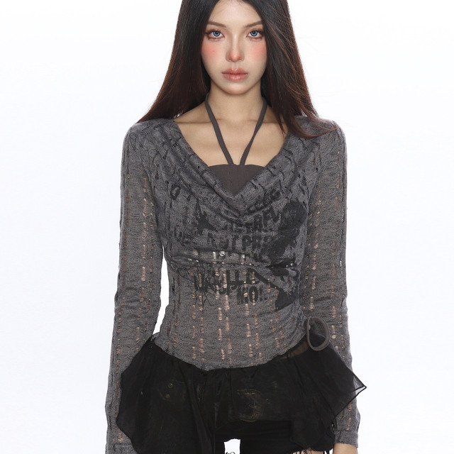 輕亞風蕩領假兩件長袖T恤女秋季不規則下擺辣妹內搭上衣潮