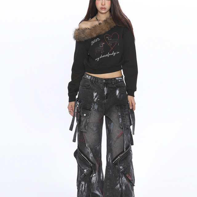 辣妹臘腸狗可拆卸毛領斜肩衛衣女秋冬設計感顯瘦露肩上衣