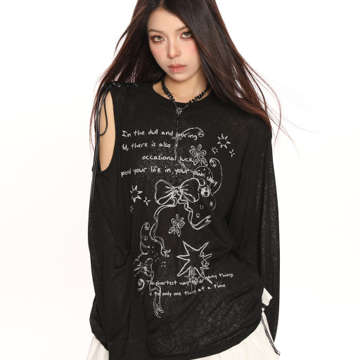 蝴蝶結塗鴉露肩綁帶長袖T恤女夏季慵懶風透氣防曬罩衫上衣