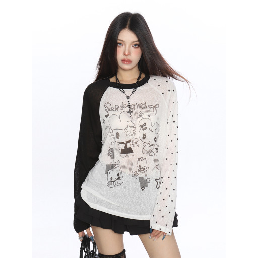 動漫二次元印花撞色長袖T恤女夏季薄款顯瘦防曬空調衫上衣