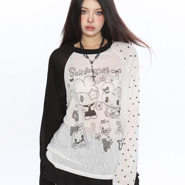 動漫二次元印花撞色長袖T恤女夏季薄款顯瘦防曬空調衫上衣